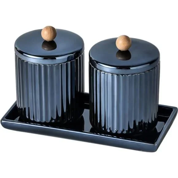 Bathroom Set with Tray(3PCS) - 2 Piece 12 oz Blue Apothecary Jar Canister