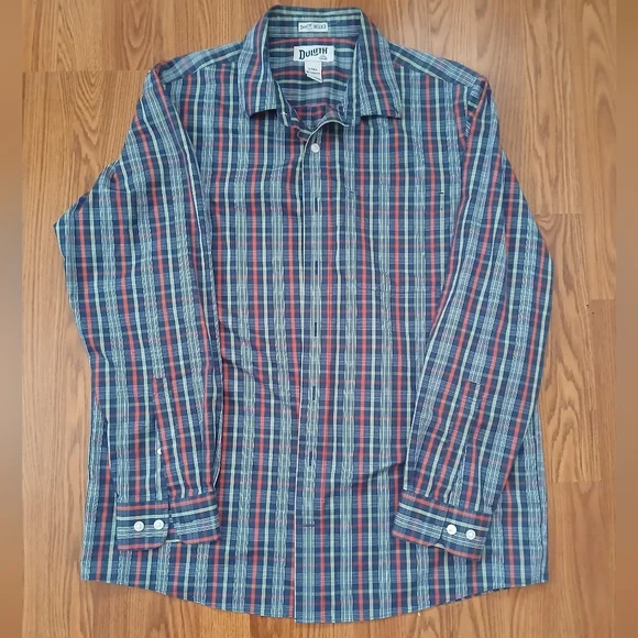 Duluth Trading Co Button Down Shirt Mens L Tall Blue Red Plaid Untucked‎ Relaxed