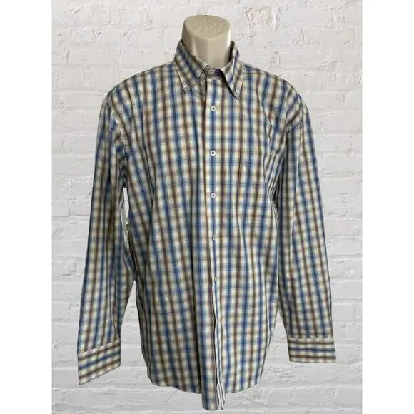 Alan Flusser NWOT 100% Cotton‎ Button Down Large, Tan/Blue
