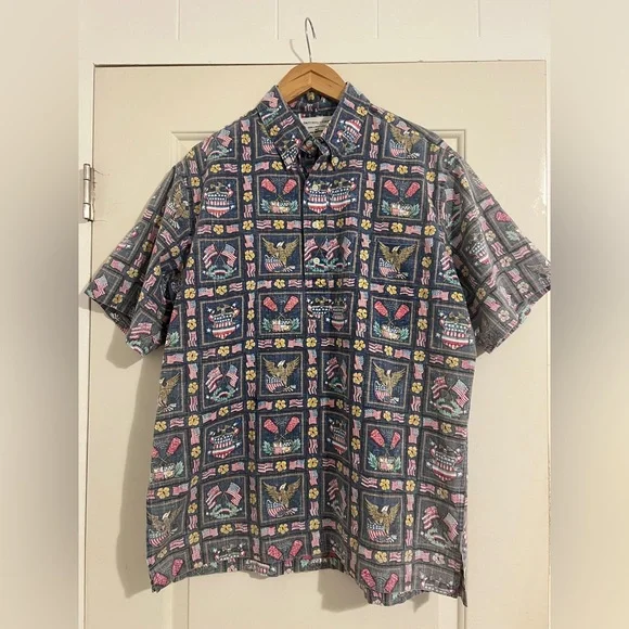 Reyn Spooner‎ Dietrich Varez Hawaiian Button Pullover Shirt USA Flag Patriotic