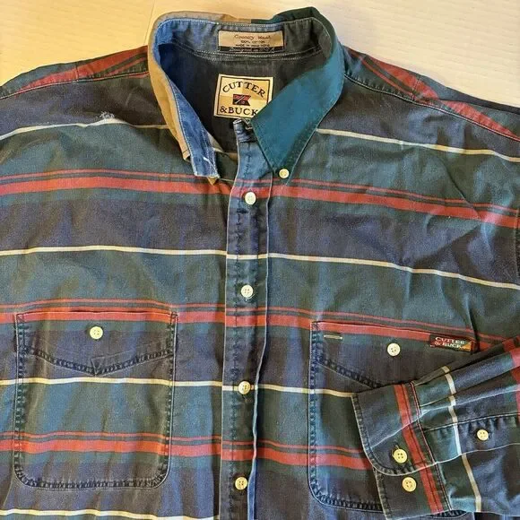 VTG 90s Cutter &‎ Buck Country Wear Striped Denim Button Down Mens XL Red Green