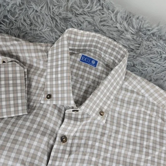 EC by Tom James Button Down Shirt Mens‎ XL Tan Gingham Plaid Long Sleeve Dress