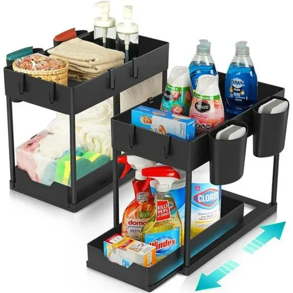 2 Pack Under Sink Organizers & Storage with Sliding Drawer, 2 Tier, Modern Black