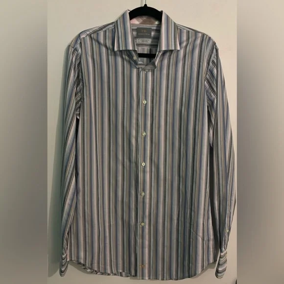Thomas Dean Mens Size Medium Long Sleeve Button Down Shirt Striped/Plaid Cotton‎