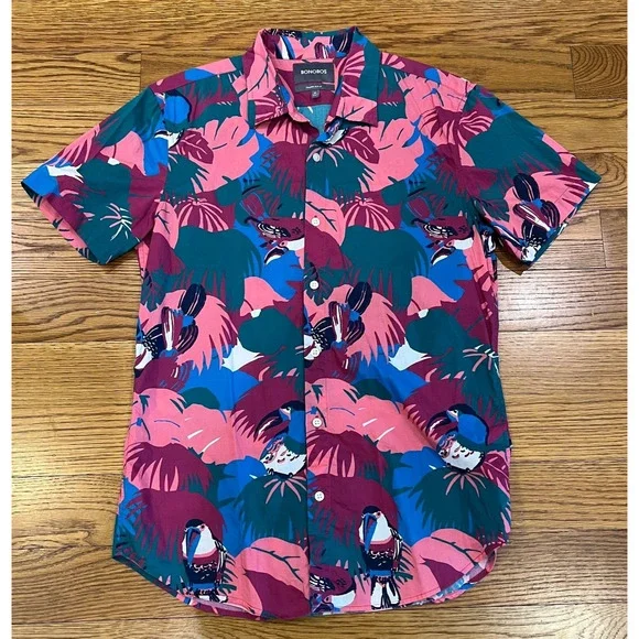 Bonobos Shirt Mens Medium‎ Pink All Over Print Tailored Slim Fit Button Up