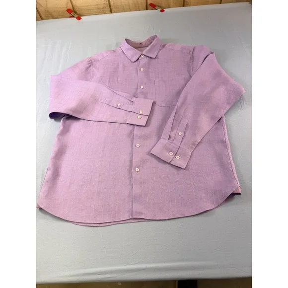 Tommy Bahama Mens Purple 100% Linen Grid‎ Button Up Shirt Large Long Sleeve