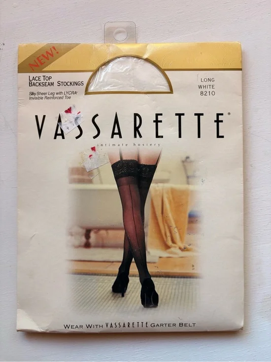 vassarette White & Gold Hosiery Packaging with Black Stocking Image