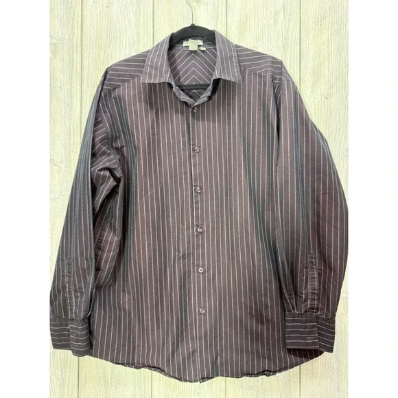 Elliott Mens Long Sleeve Button Down Shirt Purple Striped Cotton Blend Large