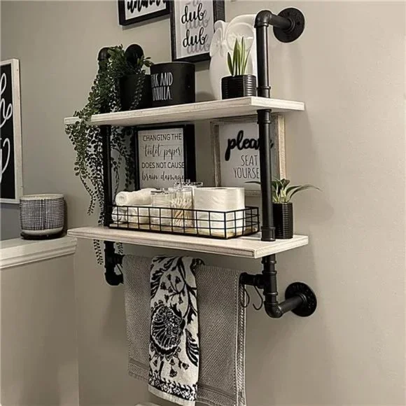 Pipe Shelving Bathroom Pipe Shelves with Towel Bar,2 Tier 24 inch Retro White