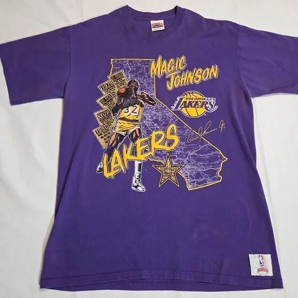 MAGIC JOHNSON LAKERS NUTMEG NBA SINGLE STICH MENS VINTAGE PURPLE T-SHIRT SIZE XL