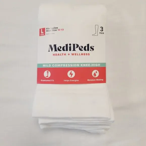 Medipeds Socks Womans Large 10-13 White Knee High Mild Compression Moisture Wick