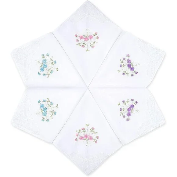 Women's Cotton Handkerchiefs Flower Embroidered Lace Set of 6 Multi-Use