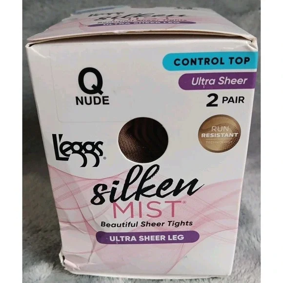 Leggs Silken‎ Mist Tights Q Nude Control Top Ultra Sheer Run Resist 2 Pairs