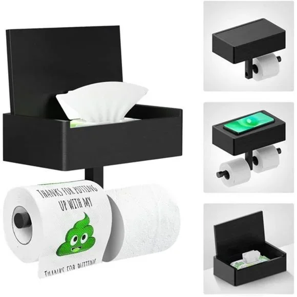 Toilet Paper Holder w/ Shelf and Storage, Wipes Dispenser Wall Mount Matte Black