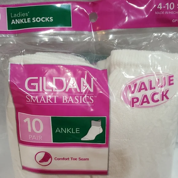 Gildan smart basics ladies‎ white ankle socks 10pack fits size 4-10 shoe new