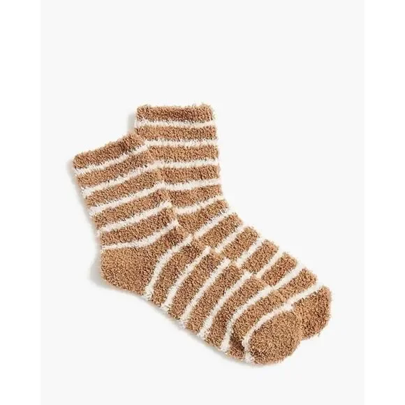 J. Crew in Brown and White Striped Cozy Boot Fuzzy Socks