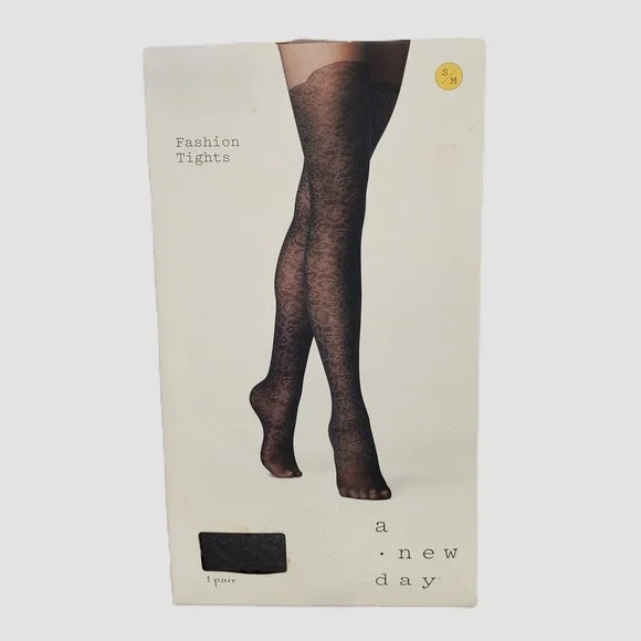 A New Day Womens S / M Fashion Tights Ebony Black Floral Lace Sheer Hosiery‎ New