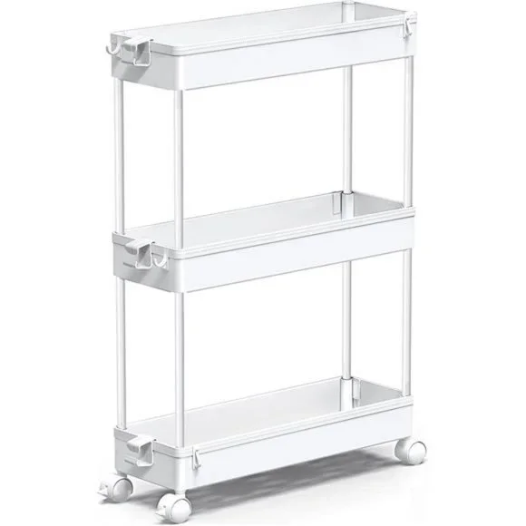 Slim Rolling Storage Cart, Laundry Room Organization, 3 Tier (White)