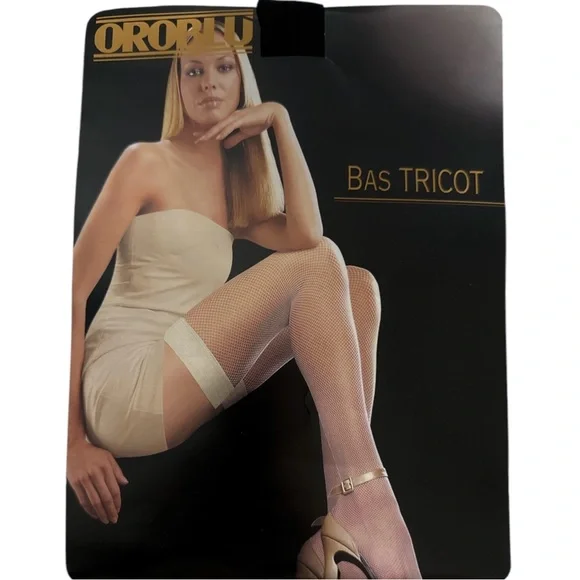 Y2K Oroblu Bas Tricot Micro Net Fishnet Stockings in Black, Stay‎ Ups, L/XL, New