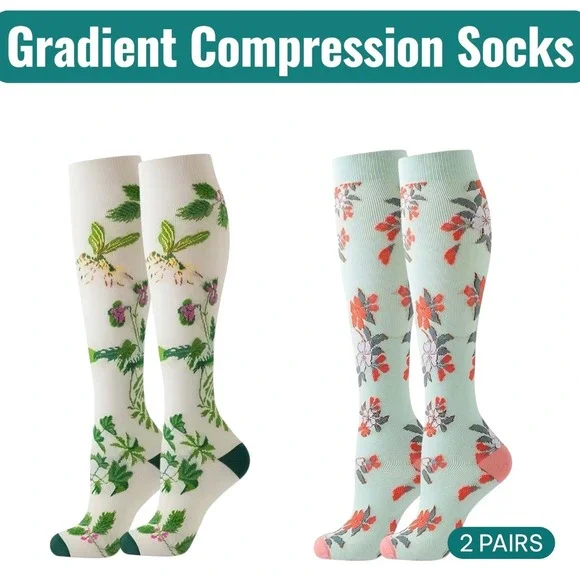 Unisex 15-20 mmHg Compression Socks S/M Knee High Medical‎ Floral 2 Pack NEW