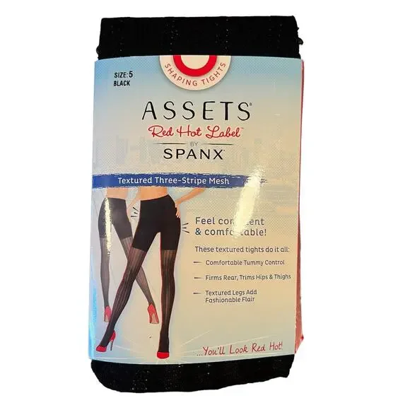 Spanx Assets Black‎ 3 Stripe Mesh Shaping Tights Size 5 New
