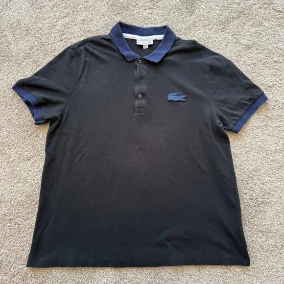 Lacoste Polo Shirt Men XL Black Blue Regular Fit Contrast Collar Big Croc Logo