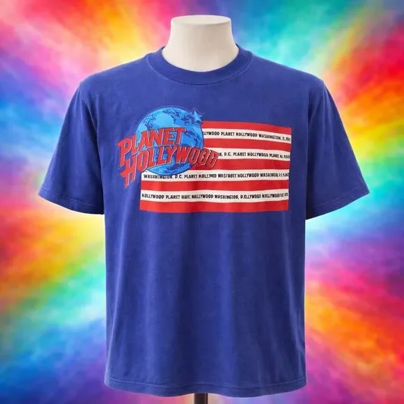 VTG Planet Hollywood Washington DC Flag Blue Shirt L