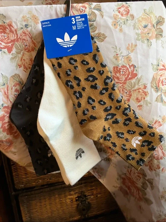 adidas 3-Pack High Quarter Socks in Leopard Tan, White & Black & FREE bracelets