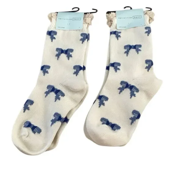 Hansel from Basel BUNDLE TWO PAIRS of All Over Bows Crew, Ivory/blue, NWT