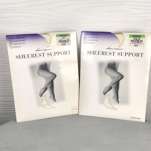 2 Packs Sheer Caress Sheerest Support Pantyhose White Sz Average NEW Vintage
