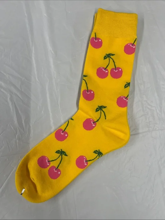 Bright Yellow Cherry Print Crew Socks Vibrant Pink Fruit Pattern