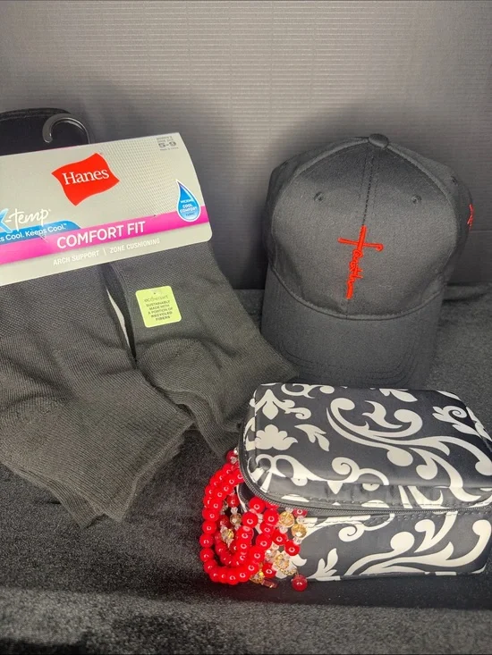 Hanes Black Comfort Fit Socks Paired with Faith Hat, Jewelry Box and Bracelets