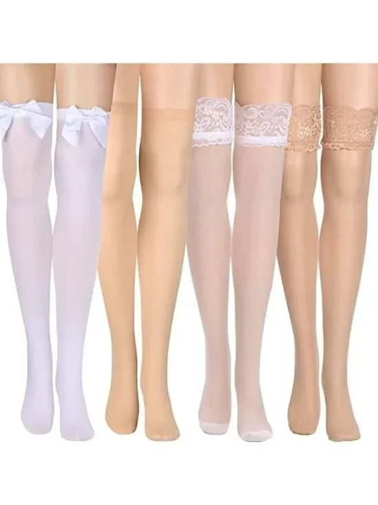 𝅺SILK Thigh High Stockings Women Lace Silicone Socks Satin Bow Top Sexy NWT