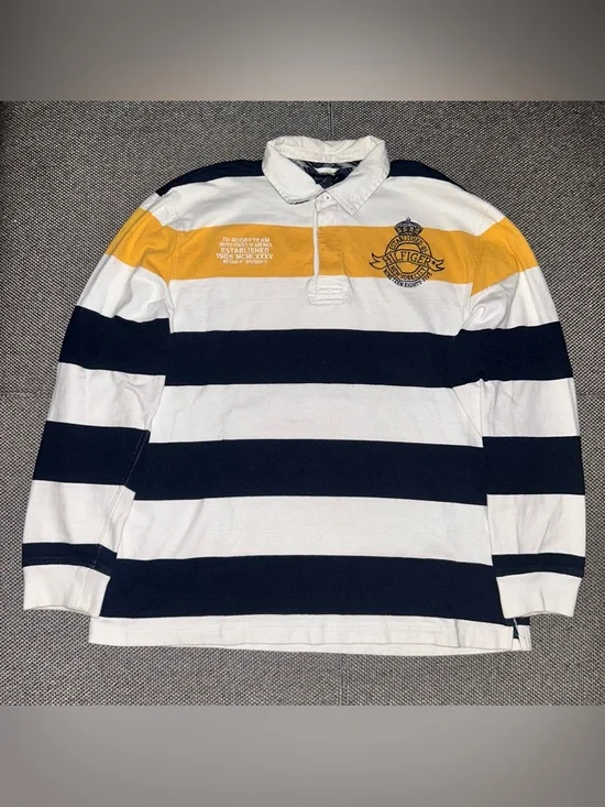 Rare Tommy Hilfiger Navy, White & Yellow Striped Rugby Polo