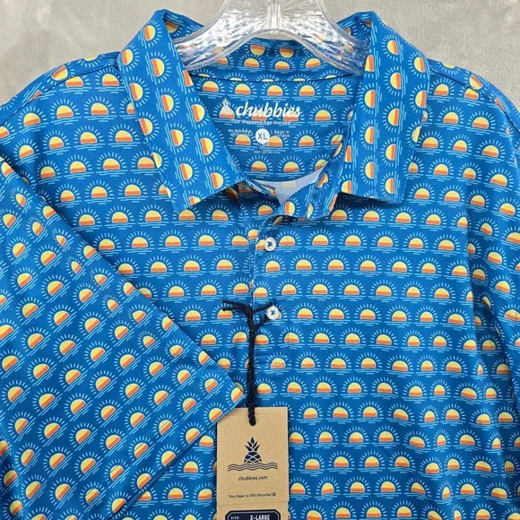 Chubbies Performance Polo Mens XL Blue The Heat Wave Sun Print Short Sleeve