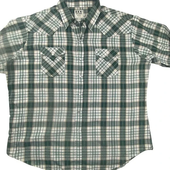 Ely Cattleman Mens XXL Green Plaid Western Pearl Snap Short Sleeve Shirt