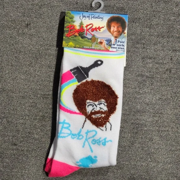 Bob Ross The Joy of Painting Crew Socks White Graphic Art Novelty One‎ Size NEW