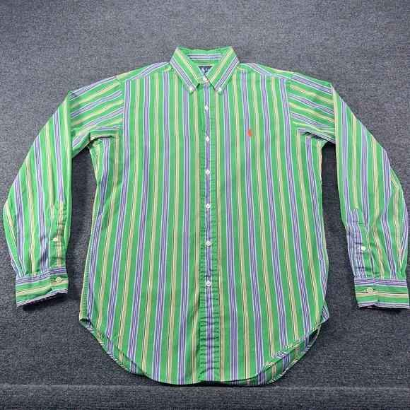 Polo Ralph Lauren Mens Small Classic Fit Green Purple Striped Button Down Shirt