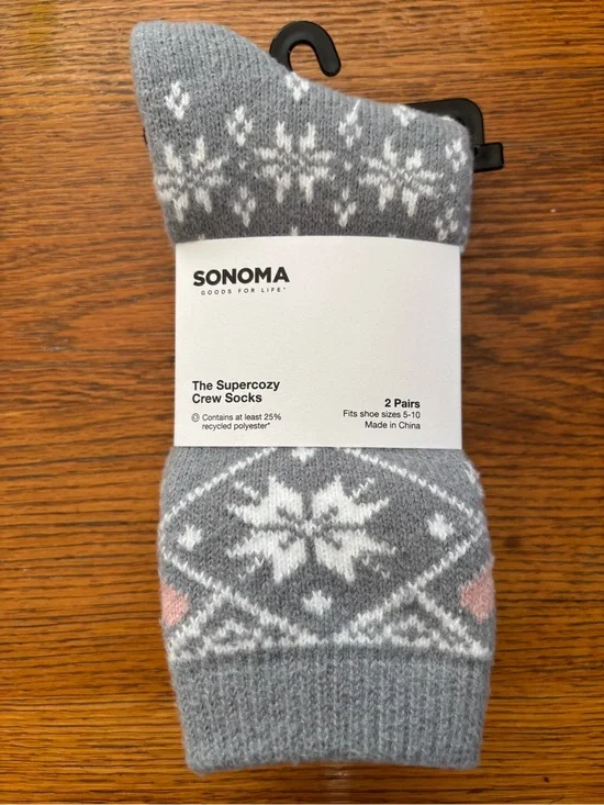Sonoma Gray and White Fair Isle Crew Socks with Pink Accents