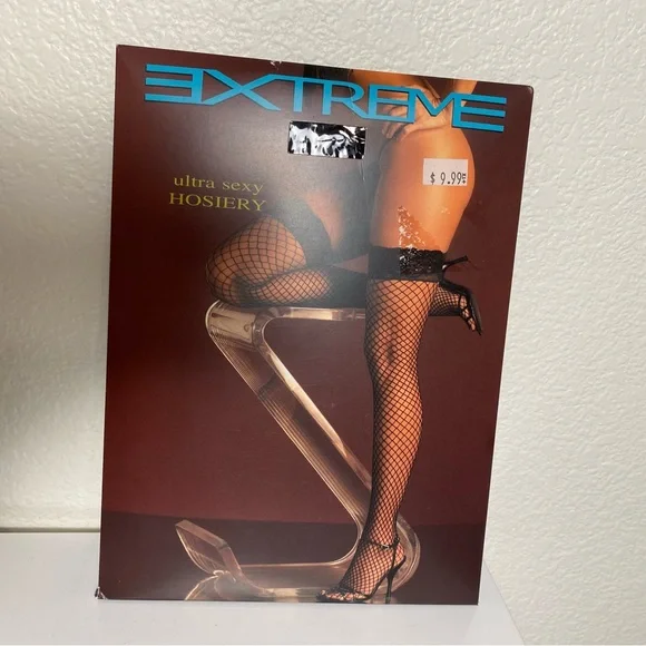 NWT Extreme Black Fishnet Thigh High Stockings with Lace Trim One Size