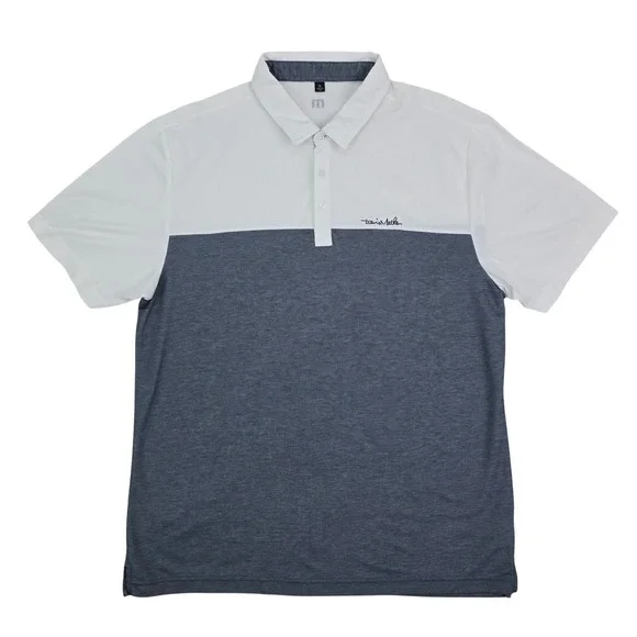 Travis Mathew Colorblock Polo Shirt Mens XL White Blue Pima Cotton Golf Luxury