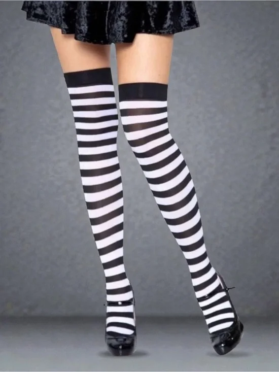 Music Legs 4741 Black & White Wide Striped Thigh High Tights One Size Fits Most