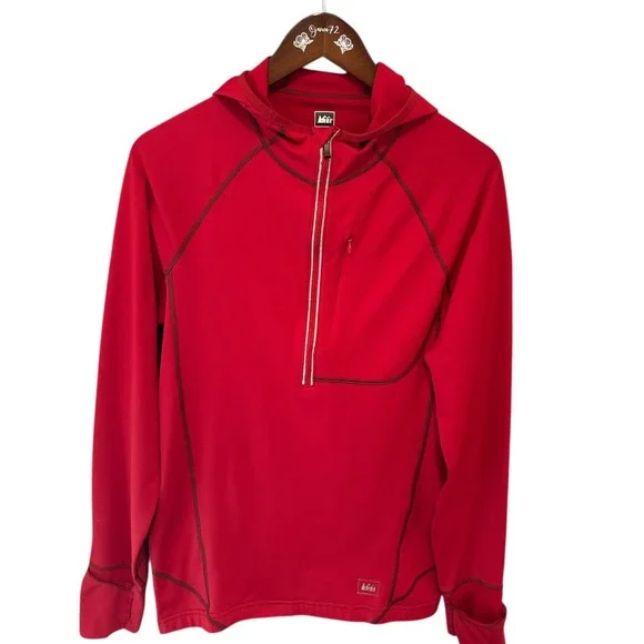 REI Mens Red Quarter‎ Zip Hooded Pullover Athletic Size M Fleece Hiking Outdoors