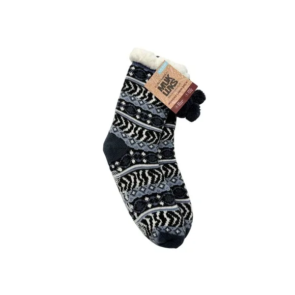 NWT Muk Luks Cabin‎ Sock Blue Fair Isle Faux Fur Lined Slipper Socks L XL 8 10