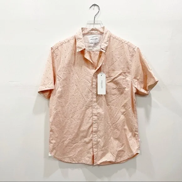 Denim & Flower Short Sleeve Casual Button Down Shirt Dotted Polka Dot Salmon L