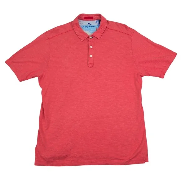 Tommy Bahama Emfielder Polo Mens Large Coral Pink 100% Pima Cotton Slub Texture