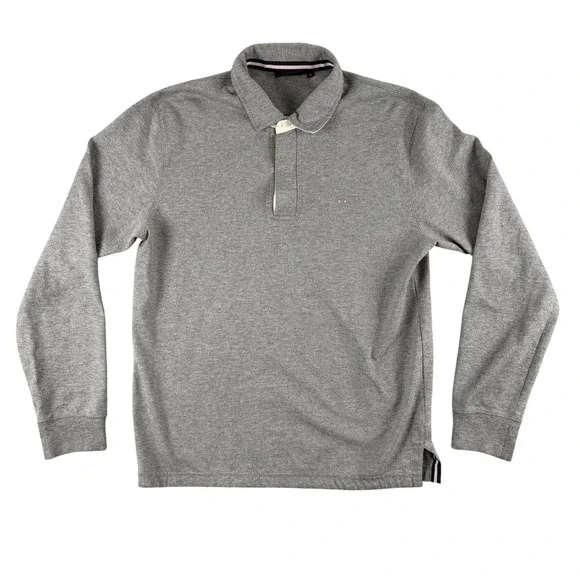 Eden Park Polo Shirt Mens M‎ Gray Long Sleeve Rugby Style Logo Collar Trim