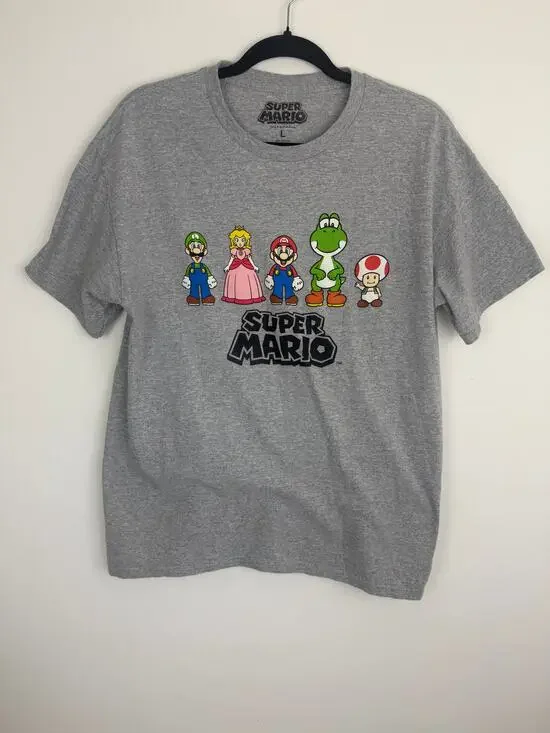 Super Mario Nintendo Graphic Luigi Mario Yoshi Peach Toad Gray T-Shirt Large