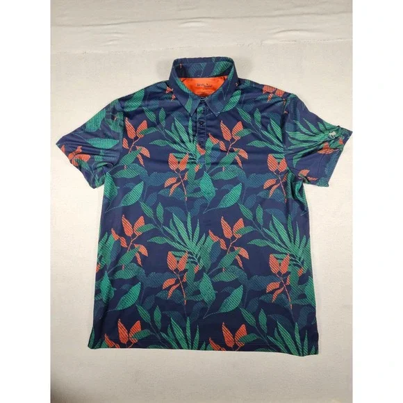 Birdie Bound Mens Tropical Leaf Performance Golf‎ Polo Shirt Navy Green Large