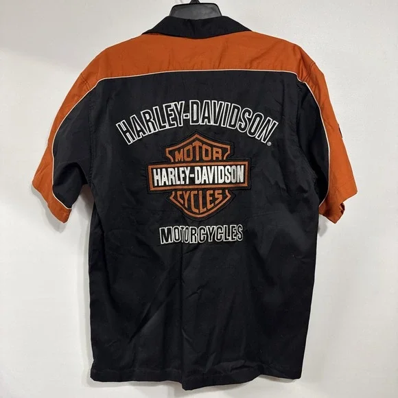 Harley Davidson short sleeve button shirt L Big Logo Back Hit Bikers Bash 2007